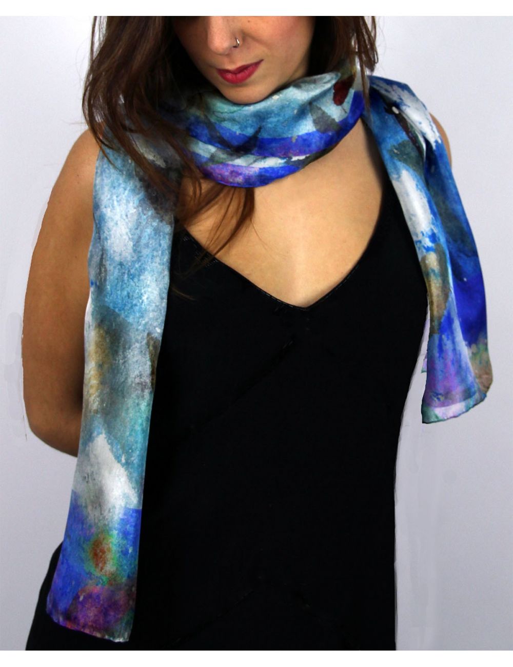 "Rough sea" silk scarf inspired by a stormy blue sea.