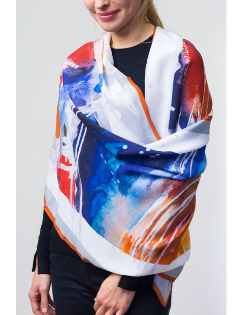 Crepe de chine long silk scarf Print of Lijiin multicoloured abstract design NEW 