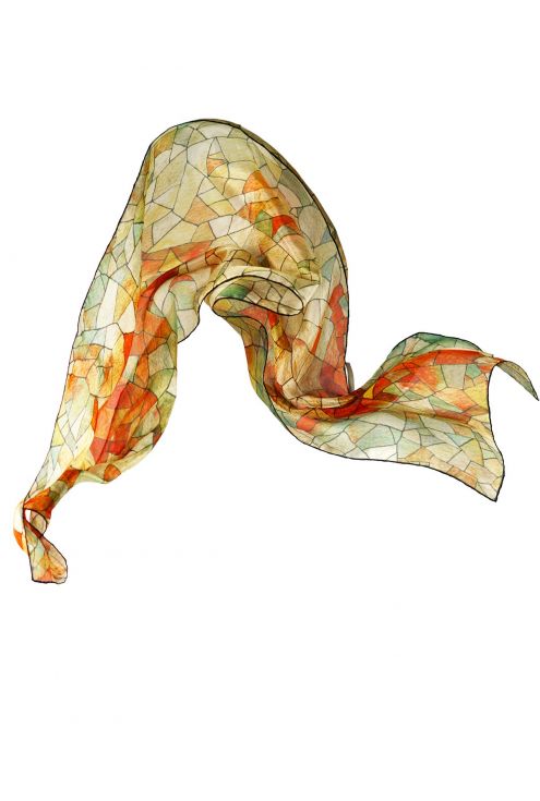 "Cel i Terra", fulard de seda natural i disseny geomètric inspirat en l'art d'en Gaudí. Colors torrats.
