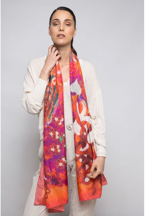 Extra large Silk Scarf "Feathers on the Red Wind"