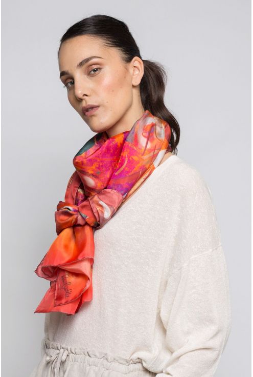 Extra large Silk Scarf "Feathers on the Red Wind"