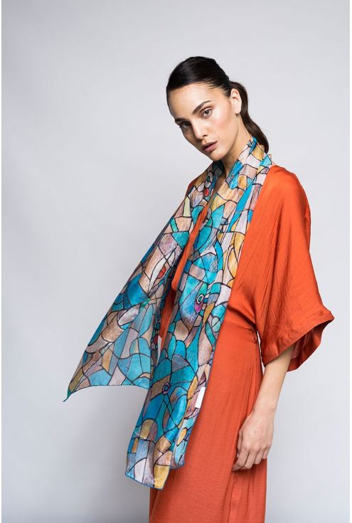 "Blue eyes" silk scarf inspired by Sagrada Familia stained glass light Gaudí