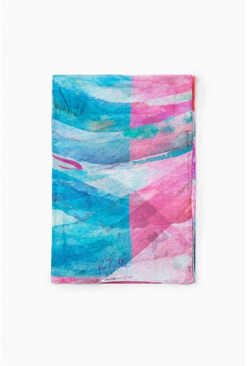 "Blue" - delicate printed scarf on turquoise blue with pink tones.