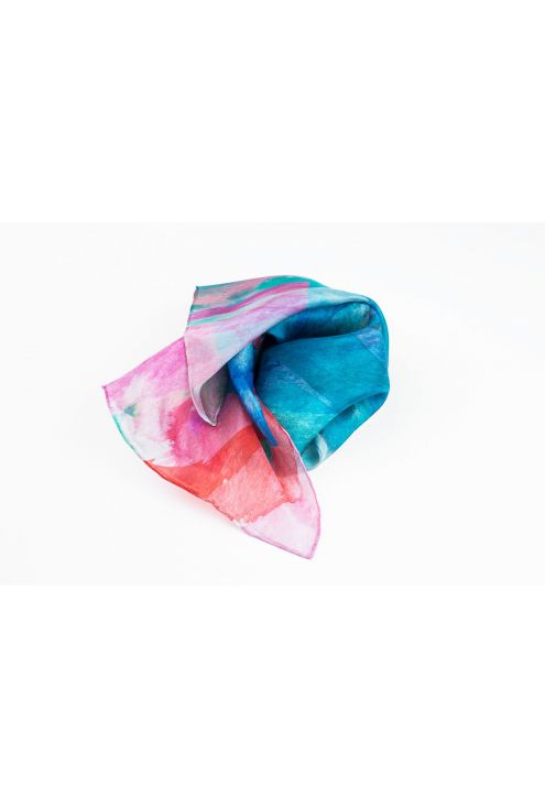 Fulard "Blaus" estampat en blaus turqueses i tocs de rosats.