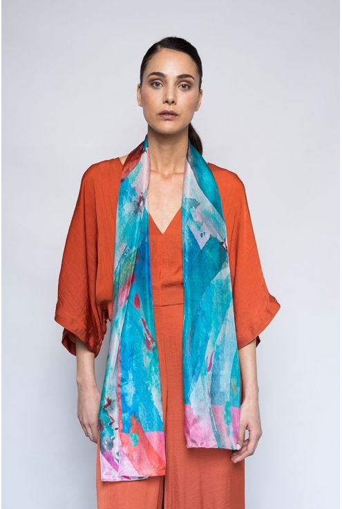 "Blue" - delicate printed scarf on turquoise blue with pink tones.