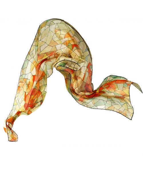 "Cielo y Tierra", fular de seda natural y diseño geométrico inspirado en el arte de Gaudí. Colores tostados.