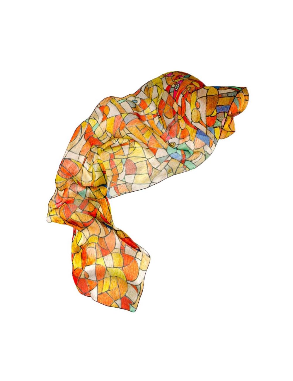 Stained glass light, natural silk scarf, on red and oranges tones.