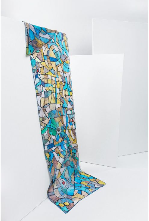 "Blue eyes" silk scarf inspired by Sagrada Familia stained glass light Gaudí
