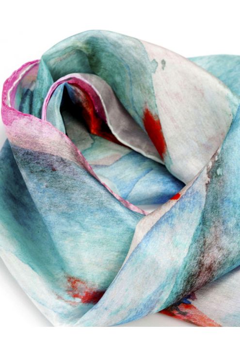 Fulard "Blaus" estampat en blaus turqueses i tocs de rosats.