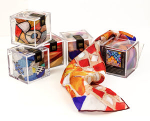 Corporate Gifts - Detail of our transparent cubes with silk squares scarves Daba Disseny Barcelona