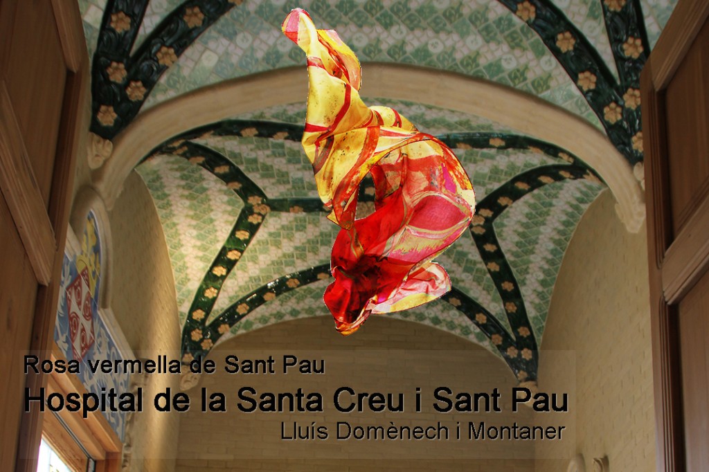 Annex building ceiling tiles of Hospital de la Santa Creu i Sant Pau inspired "Red Rose" silk scarf by Daba Disseny Barcelona
