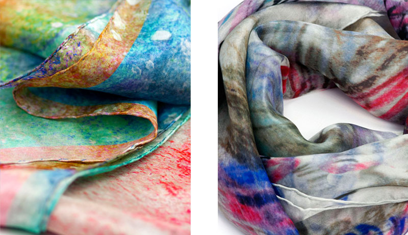 Details of the silk scarves hand stitched edges, texture and brightness of silk - Silk scarves online shop Daba Disseny Barcelona