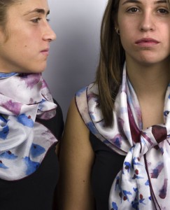 Women models wearing our fall winter silk scarves collection "Fishes from the Moon" design - Daba Disseny Barcelona