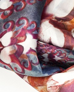 Woman neck lace fall winter silk scarves collection "Cobalt Feathers on the Wind" design detail gift - Daba Disseny Barcelona